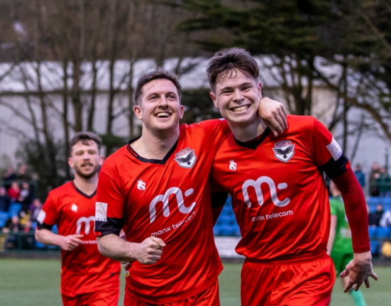 Stte Whitley and Charlie Higgins celebrating a goal at the Bowl.