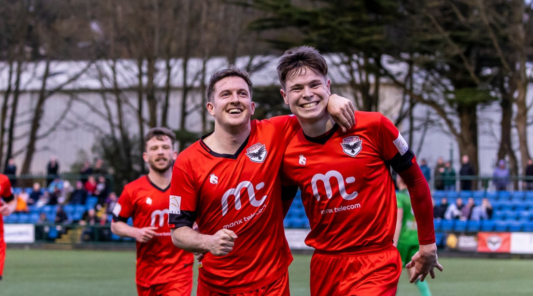 Stte Whitley and Charlie Higgins celebrating a goal at the Bowl.