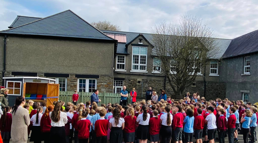 A group of children outside of Laxey School